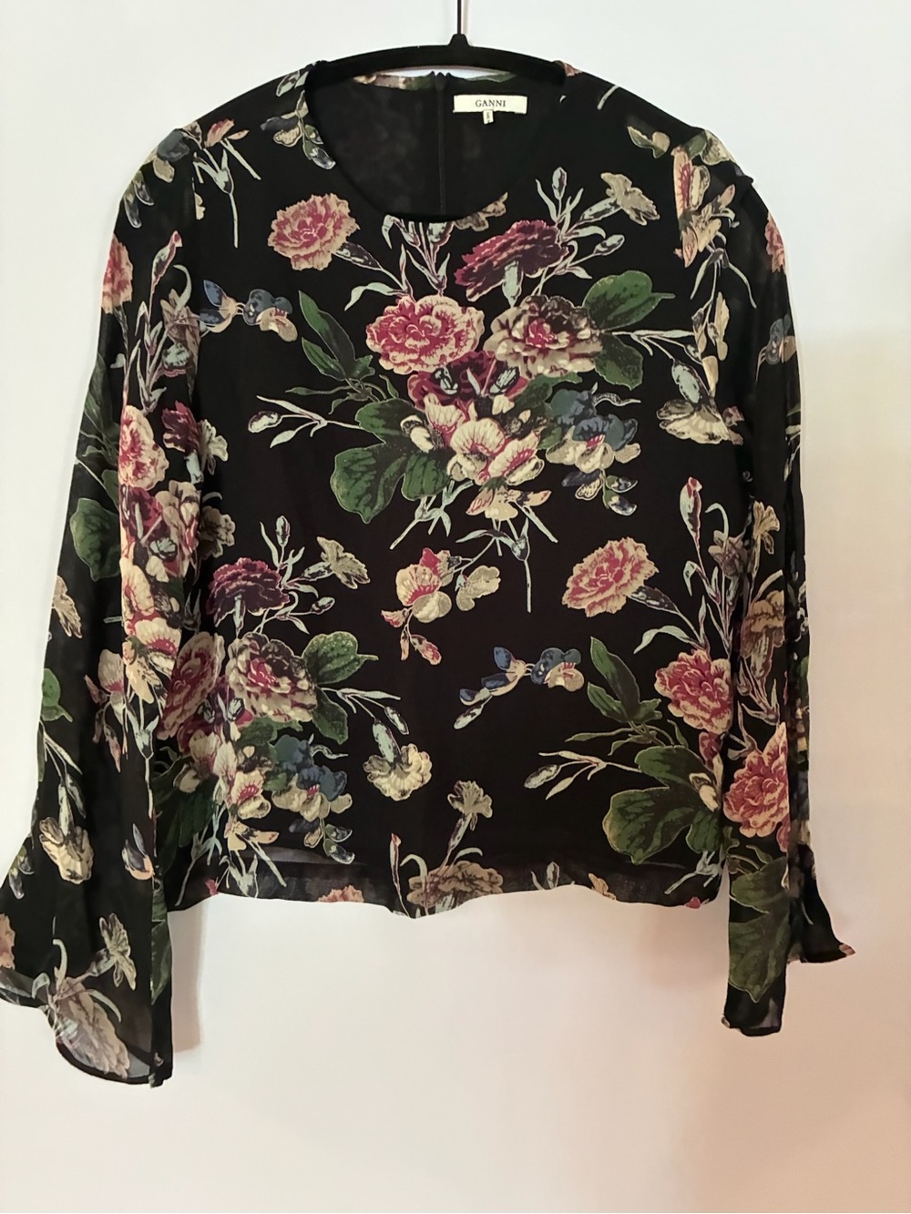 Ganni Black Floral Long-Sleeve Sheer Blouse with Pink and Green Print -Sz M